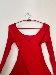 Red Ribbed Wrap Top