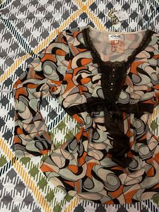 Retro Print Sheer Bell Sleeve Top