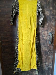 Mustard Yellow Two Layer Up And Down Kurti With Beautiful Katha Embroidery