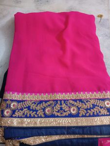 Stunning Pink Saree with Blue &amp; Gold Border