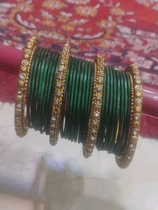 Set of Emerald Green Bangles with Embellishments
