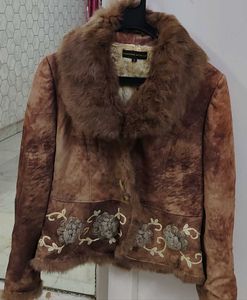Brown Faux Fur Trimmed Suede Jacket