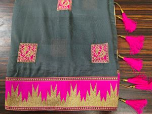 Elegant Grey Saree with Pink & Gold Border