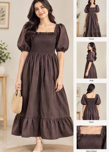 Brown Square Neck Puff Sleeve Smocked Dress