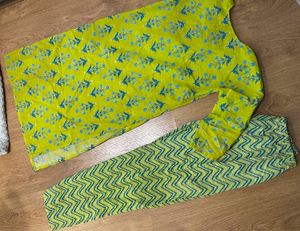 Vibrant Yellow Kurta Set with Blue Floral Print