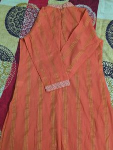 Orange Striped Kurta with Intricate Neckline