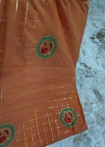 Orange Saree with Golden Checks