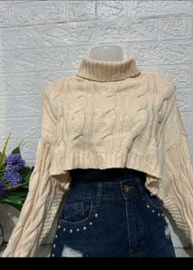 Cream Cable Knit Turtleneck Cropped Sweater