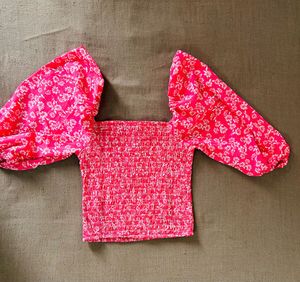 Pink Floral Smocked Puff Sleeve Top