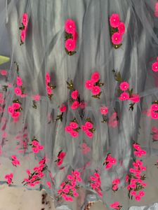 Grey Net gown with Pink Floral Embroidery
