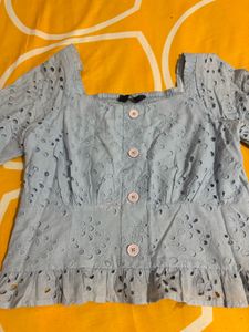 Light Blue Eyelet Square Neck Top