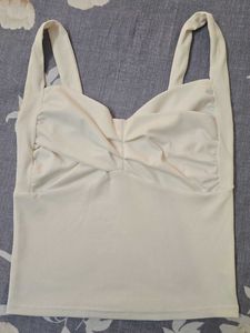 white Ribbed Ruched Sweetheart Tank Top
