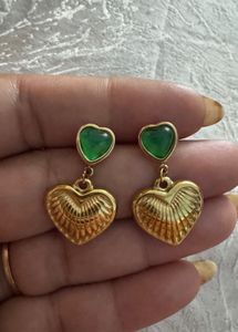 Gold Heart Earrings with Green Stone