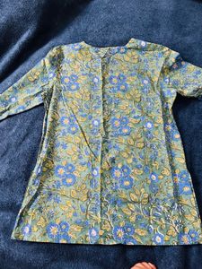 Blue Floral Print Cotton short Kurta