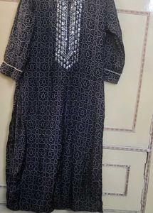 Elegant Navy Blue Kurta with Embellished Neckline