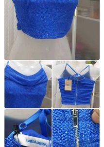 Sparkly Blue Ruched Zip-Up Crop Top