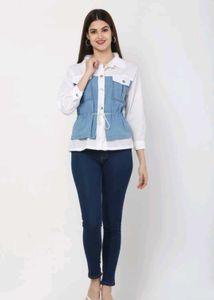 Stylish White Cotton Top with Blue Denim