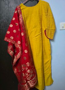 Yellow Kurta with Red Dupatta