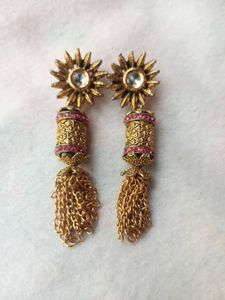 Golden Tassel Earrings with Pink Stones