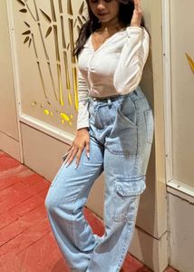 Light Wash Wide Leg Cargo Jeans