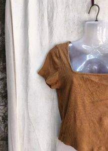 Brown Ribbed Square Neck Crop Top