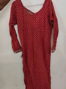 Red Printed Kurta with Embellished Neckline