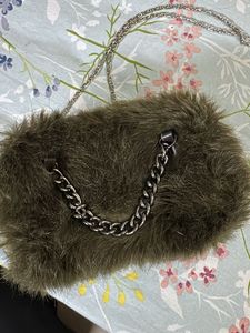 Faux Fur Olive Chain Clutch Bag