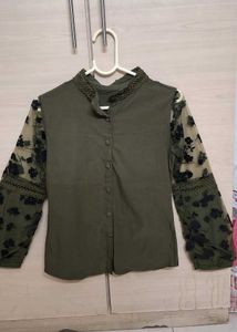 Stylish Olive Green Top with Black Floral Sleeves