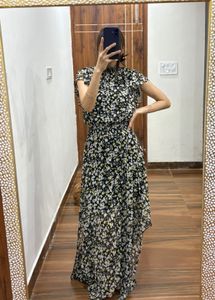 Yellow Ditsy Floral Layered Cut Maxi Dress