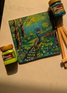 Mini peacock Landscape painting with wooden stand