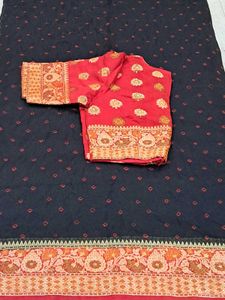 Elegant Black Saree with Red Border
