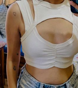 Stylish White Cut-out Ruched Crop Top
