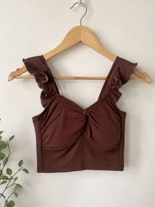 Brown Ruffle Strap Crop Top