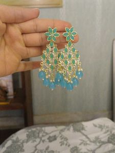 Aqua &amp; Gold Tone Dangle jhumka Earrings