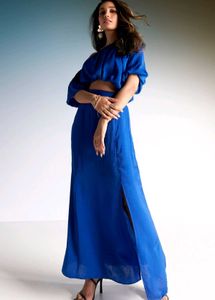 And Blue One Shoulder Waterfall Skirt Co-ord Set