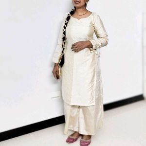 Elegant Cream Kurta Set with Palazzos, Shrug