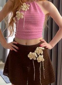 Crocheted Flower Halter Top and Skirt set