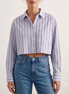 Lavender Striped Cropped Button-Up Shirt