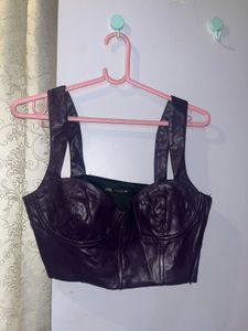 🖤 Zara Faux Leather Corset Top – Deep Plum