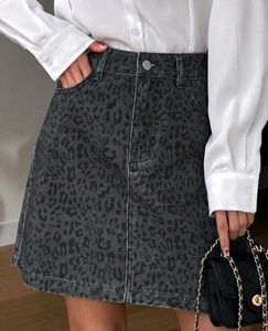 Leopard Print Button-Front Denim Skirt