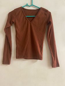 Brown Ribbed V-Neck Long Sleeve Top