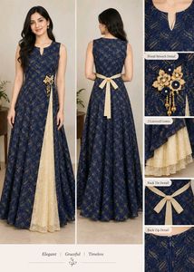 Designer Navy Blue Gown with Floral Detail