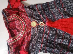 Elegant Red &amp; Black Anarkali Dress XL Size