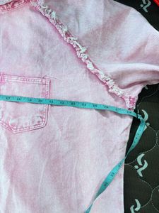 Frayed Hem Pink Denim Shirt