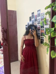 Maroon Smocked Button-Up Midi Dress