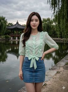 Cute Korean Pastel Green Tie-Front Ruffle Crop Top