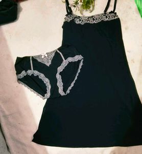 Elegant Black Lace Trim Slip with brief