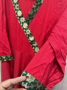 Red Anarkali Kurta with Green Embellishments