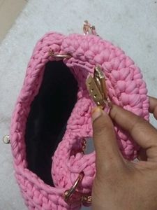 Pink Crochet Handbag with Chain Strap