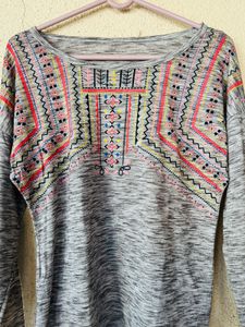 Grey Long Sleeve Top with Embroidered Neckline